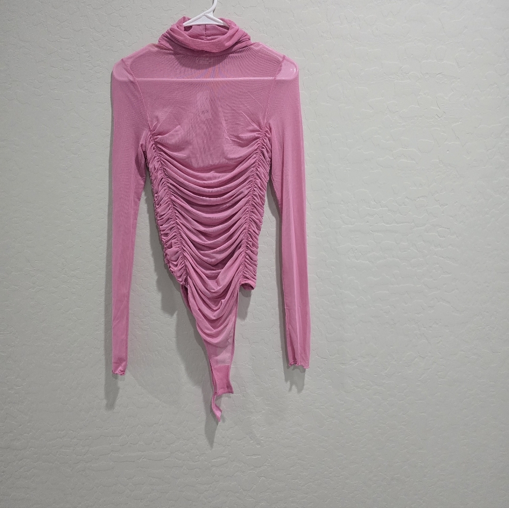 Free People Under It All Long Sleeve Ruched Mesh Bodysuit Pink Tint - Picture 4 of 8